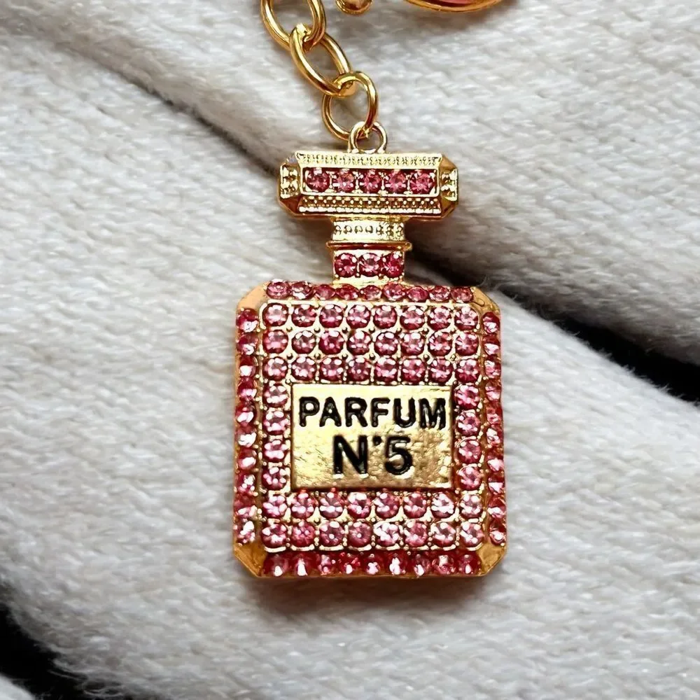 Pink Crystal Parfum No. 5 Perfume Bottle Gold Keychain
